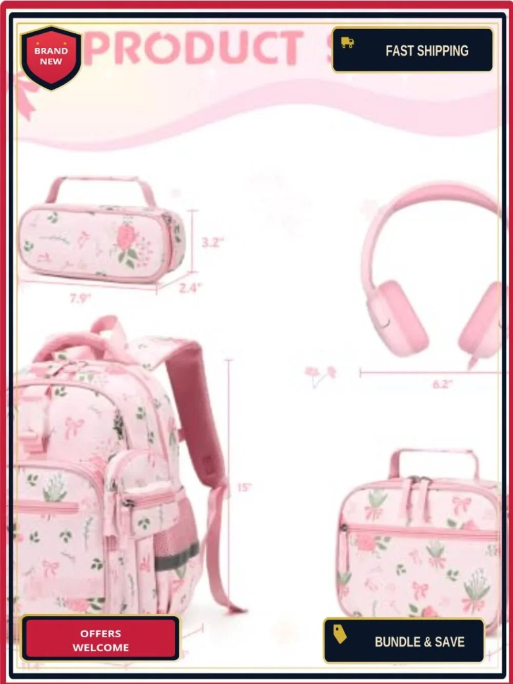 Girls Backpack Set with Headphones Lunch Bag Pencil Case Luminous